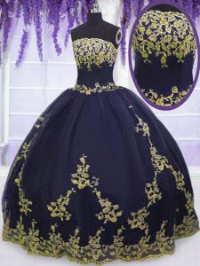 Glamorous Strapless Sleeveless 15th Birthday Dress Floor Length Appliques Navy Blue Tulle