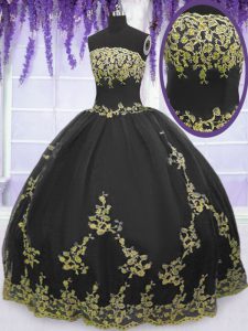 Black Vestidos de Quinceanera Military Ball and Sweet 16 and Quinceanera and For with Appliques Strapless Sleeveless Zip