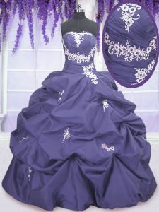 Hot Sale Lavender Ball Gowns Appliques and Pick Ups Quinceanera Gown Lace Up Taffeta Sleeveless Floor Length