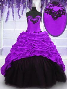 Sweetheart Sleeveless Taffeta Quince Ball Gowns Appliques and Pick Ups Sweep Train Lace Up