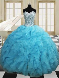Amazing Baby Blue Sleeveless Organza Lace Up Quinceanera Dresses for Military Ball and Sweet 16 and Quinceanera