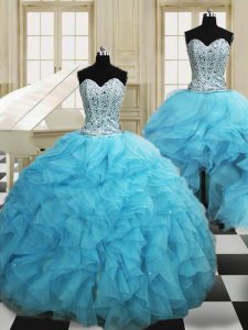 Perfect Three Piece Beading and Ruffles Quinceanera Gown Baby Blue Lace Up Sleeveless Floor Length