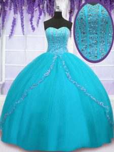 Gorgeous Tulle Sweetheart Sleeveless Backless Beading and Sequins 15 Quinceanera Dress in Aqua Blue