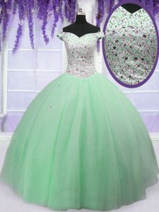 Off the Shoulder Apple Green Sleeveless Beading Floor Length 15th Birthday Dress