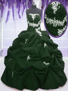Dark Green and Peacock Green Strapless Lace Up Appliques and Pick Ups Quinceanera Gowns Sleeveless