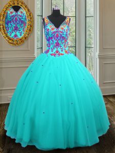 Hot Selling Tulle V-neck Sleeveless Zipper Beading Quinceanera Gowns in Aqua Blue