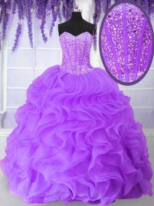 Customized Floor Length Lace Up Vestidos de Quinceanera Purple for Military Ball and Sweet 16 and Quinceanera with Beadi