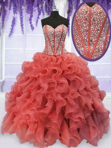 Fine Coral Red Organza Lace Up Quinceanera Dresses Sleeveless Floor Length Beading and Ruffles