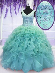Great V-neck Sleeveless Organza 15th Birthday Dress Beading and Embroidery and Ruffles Lace Up