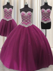 Three Piece Tulle Sleeveless Floor Length Quince Ball Gowns and Beading and Sequins