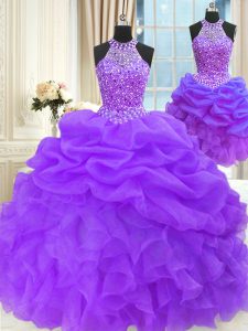 Hot Sale Three Piece Pick Ups High-neck Sleeveless Lace Up Quince Ball Gowns Eggplant Purple Organza