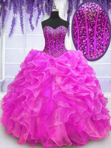 Inexpensive Floor Length Ball Gowns Sleeveless Fuchsia 15th Birthday Dress Lace Up