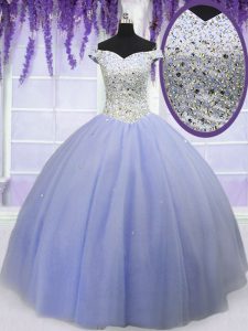 High Class Off the Shoulder Lavender Short Sleeves Tulle Lace Up Sweet 16 Dresses for Military Ball and Sweet 16 and Qui
