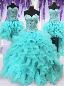 Fabulous Four Piece Aqua Blue Lace Up Quince Ball Gowns Ruffles and Sequins Sleeveless Floor Length