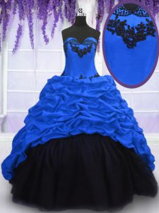 Traditional Sweetheart Sleeveless Taffeta Quince Ball Gowns Appliques and Pick Ups Sweep Train Lace Up