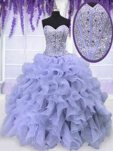 Traditional Lavender Sleeveless Floor Length Beading and Ruffles Lace Up Quinceanera Dress