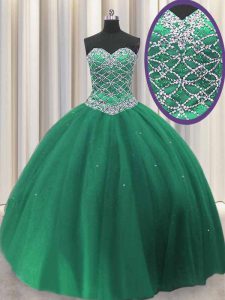 Dark Green Tulle Lace Up Sweetheart Sleeveless Floor Length Vestidos de Quinceanera Beading and Sequins
