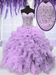 Sexy Sweetheart Sleeveless Organza Quinceanera Gowns Beading and Ruffles Lace Up