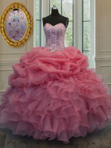 Fantastic Watermelon Red Organza Lace Up Sweet 16 Quinceanera Dress Sleeveless Floor Length Beading and Pick Ups