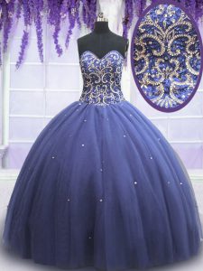 Purple Tulle Lace Up 15 Quinceanera Dress Sleeveless Floor Length Beading