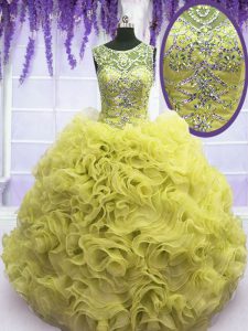 Hot Selling Scoop Sleeveless Organza Floor Length Lace Up Sweet 16 Dress in Yellow with Beading and Ruffles