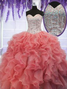 Top Selling Organza Sleeveless Floor Length 15th Birthday Dress and Ruffles and Sequins