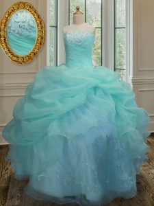 Sophisticated Aqua Blue Organza Lace Up Strapless Sleeveless Floor Length Sweet 16 Dresses Embroidery and Pick Ups