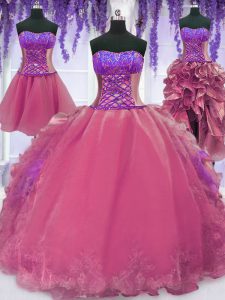 Four Piece Strapless Sleeveless Sweet 16 Dresses Floor Length Embroidery and Ruffles Pink Organza