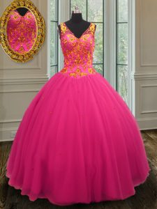 Tulle V-neck Sleeveless Zipper Beading Quinceanera Dress in Hot Pink