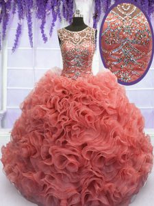Hot Selling Scoop Floor Length Lace Up Quinceanera Gowns Coral Red for Military Ball and Sweet 16 and Quinceanera with B
