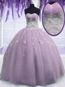 Sleeveless Floor Length Beading Zipper Quince Ball Gowns with Lilac