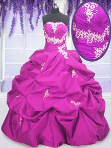 Simple Fuchsia Lace Up Strapless Appliques and Pick Ups Sweet 16 Dresses Taffeta Sleeveless