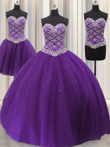 Three Piece Eggplant Purple Lace Up Sweetheart Beading and Sequins Quinceanera Gown Tulle Sleeveless