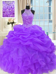 Superior Sleeveless Organza Floor Length Lace Up Quinceanera Dress in Purple with Beading and Pick Ups