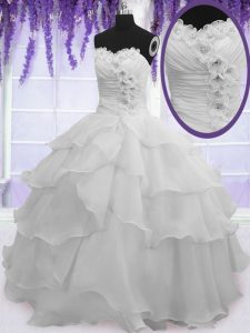 Excellent Floor Length Lace Up Quince Ball Gowns Silver for Military Ball and Sweet 16 and Quinceanera with Beading and 