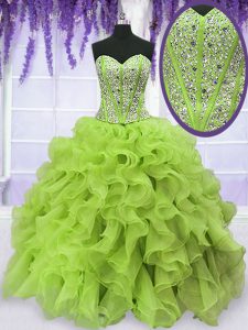 Floor Length Yellow Green Ball Gown Prom Dress Organza Sleeveless Beading and Ruffles