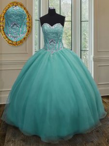 Sleeveless Organza Floor Length Lace Up Quinceanera Gown in Turquoise with Beading