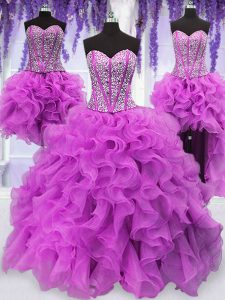 Traditional Four Piece Sweetheart Sleeveless Organza Quinceanera Dresses Ruffles and Sequins Lace Up