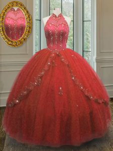 Sophisticated Wine Red Ball Gowns Tulle Halter Top Sleeveless Beading and Appliques Floor Length Lace Up Quinceanera Gow