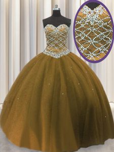 Artistic Sleeveless Tulle Floor Length Lace Up Sweet 16 Quinceanera Dress in Brown with Beading