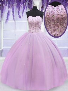 Discount Sweetheart Sleeveless Sweet 16 Dress Floor Length Beading Lilac Tulle