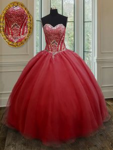 New Style Sleeveless Floor Length Beading Lace Up Sweet 16 Quinceanera Dress with Red