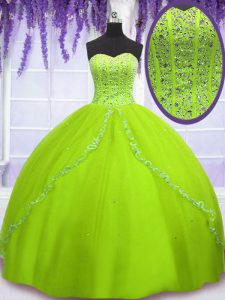 Exquisite Yellow Green Ball Gowns Tulle Sweetheart Sleeveless Beading Floor Length Lace Up Quince Ball Gowns