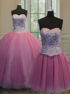 Smart Three Piece Rose Pink Ball Gowns Organza Sweetheart Sleeveless Beading Floor Length Lace Up Quinceanera Dresses