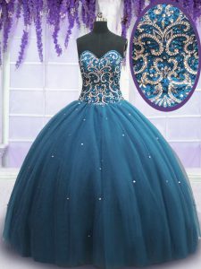 Romantic Teal Ball Gowns Beading and Appliques Quinceanera Dresses Lace Up Tulle Sleeveless Floor Length