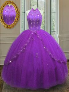 Fashion Purple High-neck Neckline Beading and Appliques Quinceanera Dresses Sleeveless Lace Up