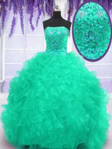 Simple Turquoise Strapless Neckline Beading and Appliques and Ruffles 15 Quinceanera Dress Sleeveless Lace Up