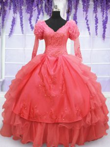 Clearance Ball Gowns Sweet 16 Dresses Coral Red V-neck Organza Long Sleeves Floor Length Lace Up