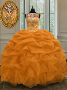 Custom Made Scoop Floor Length Lace Up Vestidos de Quinceanera Gold for Military Ball and Sweet 16 and Quinceanera with 