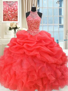 Designer High-neck Sleeveless Sweet 16 Dress Floor Length Beading and Pick Ups Coral Red Organza